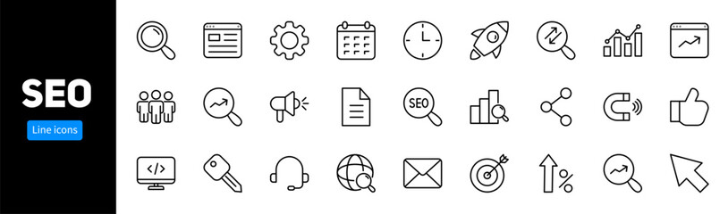 Linear set of SEO icons. Collection of SEO symbols. Vector