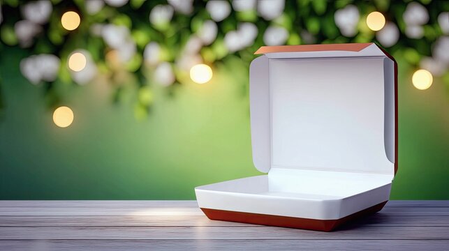 An empty open cardboard box with a white interior and red exterior sits on a wooden surface, set against a softly blurred green background with warm bokeh light