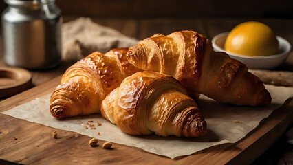 croissant on a wooden table, croissant and milk