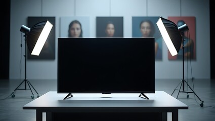 Television mockup in professional studio setup showcasing blank screen with studio lights and portraits ideal for product placement or advertising and showcasing sleek design