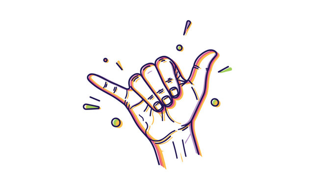 A hand making the shaka sign with colorful confetti flying around it.