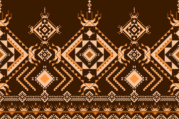 geometric ethnic textile design in warm brown, orange, and cream tones, featuring diamond and triangular motifs arranged symmetrically with a rich ethnic aesthetic. Geometric seamless vector pattern.
