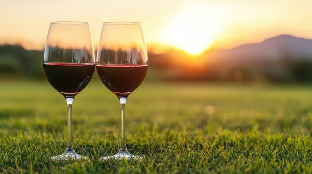 Romantic Sunset with Two Glasses of Red Wine on Green Grass in a Scenic Outdoor Setting, Perfect for Celebrations or Relaxation Moments