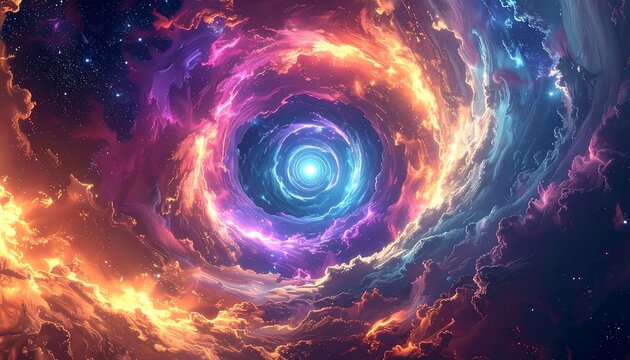 Swirling vortex of celestial clouds painted in radiant colors with a bright, central light source