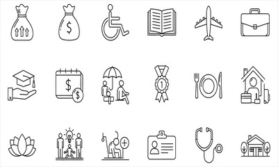 Essential vector line icons covering finance, education, travel, health, and lifestyle themes for digital design projects and user interfaces