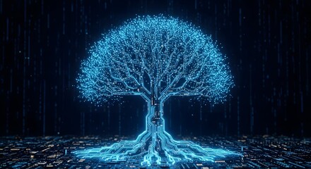 Glowing blue digital tree of life with circuit board roots on dark background