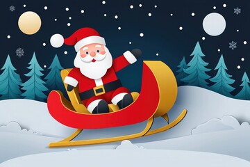 Cartoon Santa Claus sitting on sleigh in snowy night with pine trees in background, paper-cut style vector illustration featuring cute character design and bright festive colors for Christmas 