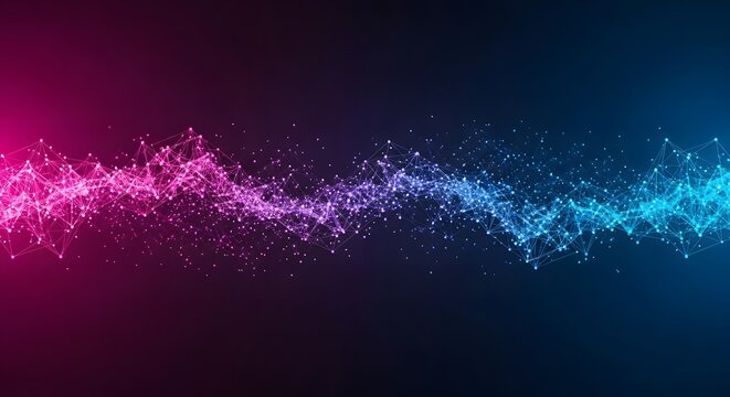 Abstract glowing wave of pink and blue particles on a dark background
