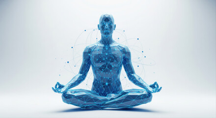 Abstract blue human figure in meditation pose with glowing particles emanating from body