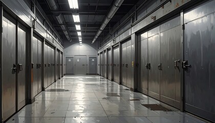 Obraz premium Industrial corridor with metal doors and tiled floor, with bright lights, long perspective