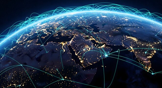 Global network of light trails connecting continents across the illuminated earth at night