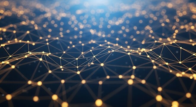 Abstract glowing network of interconnected nodes and lines in a dark digital landscape