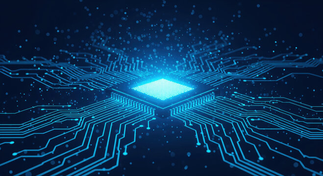 Abstract glowing blue digital circuit board with a central illuminated processor chip and radiating connections