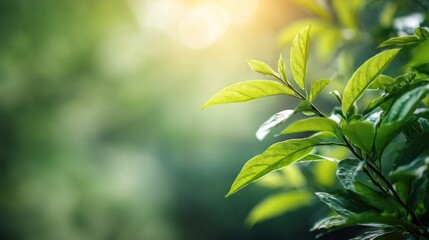 Close-up of Fresh Green Leaves with Soft Sunlight Background in a Natural Setting for Wellness, Calmness, and Nature Themes