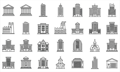 Diverse Collection of Line Art Building Icons for Architectural and Urban Design Projects