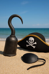 pirate hook, pirate eye patch, and pirate hat with sea background