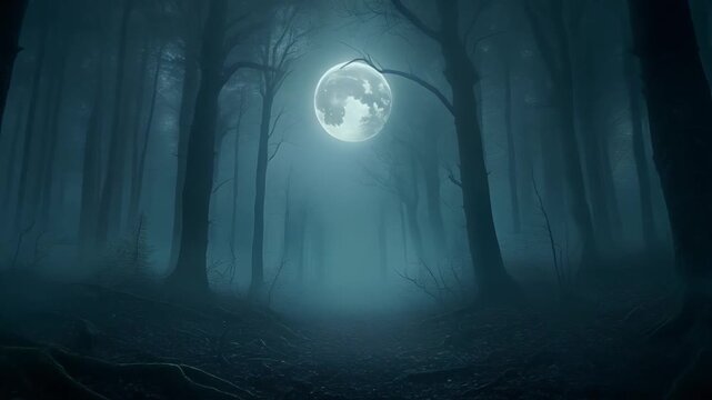  Eerie haunted forest on foggy night with spooky full moon, ghostly trees create chilling sce.mp4