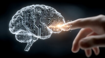 A luminous circuit brain is activated by a fair finger on a dark background