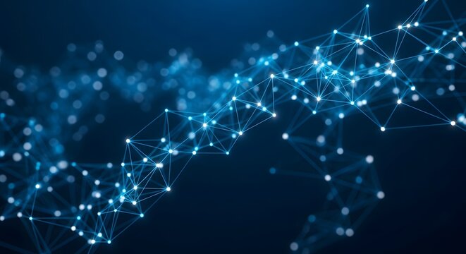 Abstract glowing blue network of interconnected nodes and lines on dark background