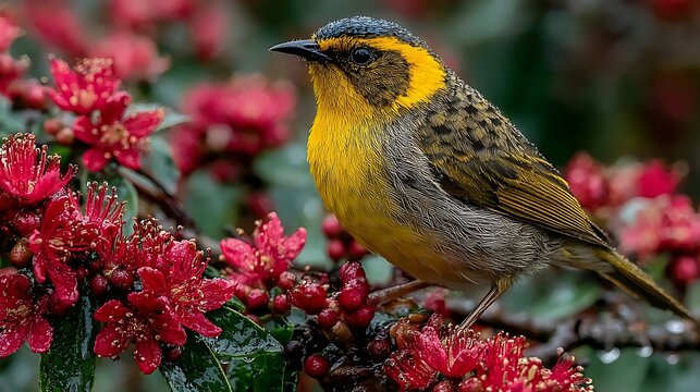 Yellow faced honeyeater perches among bright red flowers and dark berries on a rainy day - Powered by Adobe