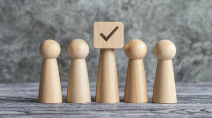 Wooden figurines with check mark symbol representing approval, success, teamwork, achievement in business and personal development, leadership, and decision-making