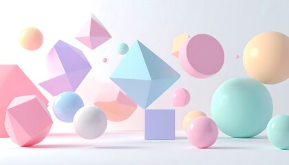 Soft pastel spheres and geometric shapes float on a white surface, creating a light, airy, and abstract composition