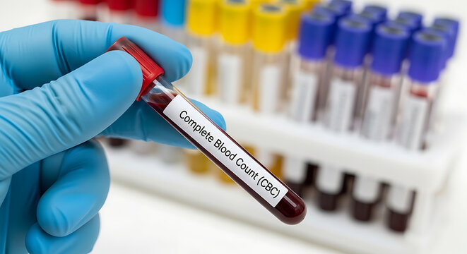 Gloved hand holding a Complete Blood Count (CBC) test tube for medical analysis in a lab