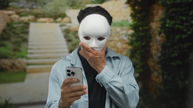Man in denim shirt holds white mask to face on narrow old town street with smartphone in other hand; anonymity.