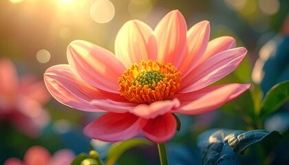 Soft pink dahlia with a textured golden center, bathed in sunlight, against a leafy green and softly blurred background