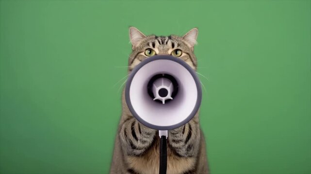 Cat Holding a Megaphone Against a Green Background, Chroma Key