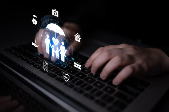 Concept of comprehensive insurance coverage and financial planning. A policy that provides life, health, and asset protection for a family's security and risk management. Fermion