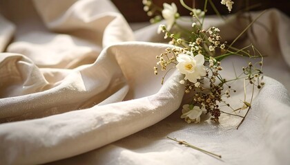 Soft, rumpled beige linen fabric draped with delicate white flowers and wispy stems, sunlit and gentle