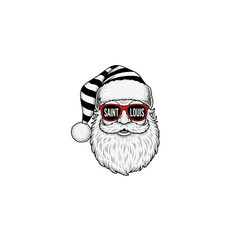 Festive Santa Claus head illustration, sporting cool red sunglasses with Saint Louis inscription