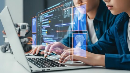 Children learning coding and robotics with a futuristic interface - Powered by Adobe