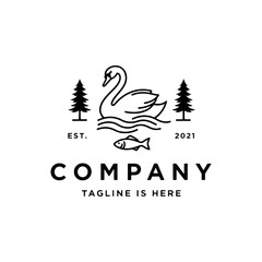 Fototapeta premium Minimalist outdoor nature emblem with elegant swan on tranquil lake, surrounded by pine trees and swimming fish