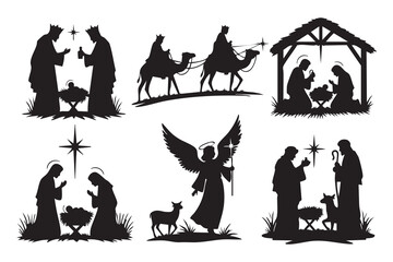 Nativity Scenes Silhouette Art Collection Festive Religious Celebration Iconography. isolated on white background