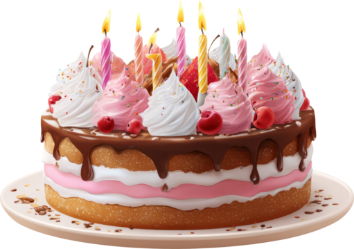 Birthday cake with pink and white cream, chocolate glaze, candles, cherry, and festive decoration