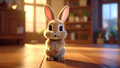 Soft-lit, cute bunny sits upright on wooden floor in front of a blurred bookshelf, creating a warm, cozy atmosphere