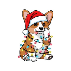 Cute corgi dog in Santa hat tangled in colorful Christmas lights, adorable holiday celebration mascot