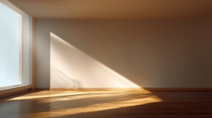 Fototapeta premium Minimalist interior space with a warm light beam illuminating a wooden floor and a blank wall, creating a tranquil and inviting atmosphere