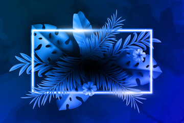 Blue Neon Rectangle with Palm and Monstera Leaves, Tropical Background