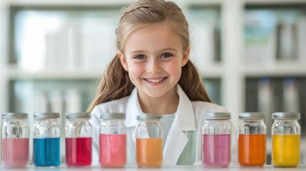 Young girl in lab coat smiling with colorful liquids in jars on table, showcasing interest in science and experimentation in educational setting