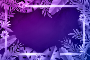 Purple Tropical Neon Frame with Palm Leaves and Flowers