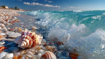 Seashells resting on the shoreline are splashed by waves as the tide comes in now
