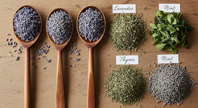 Collection of fresh and dried herbs like lavender basil thyme and mint for cooking and aromatherapy.