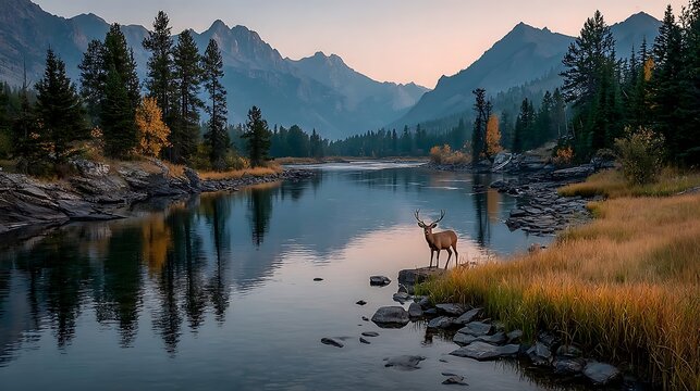 Solitary deer rests on river rocks amid mountains and autumn trees at dusk