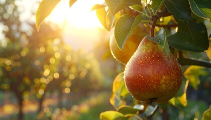 Sunlit pears hanging from a tree, dew drops visible, with orchard blurred in the background
