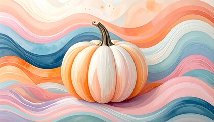 A single stylized pumpkin against a colorful abstract wave background.
