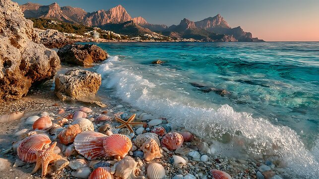 Starfish and seashells rest on the beach near crystal clear water against the mountains - Powered by Adobe