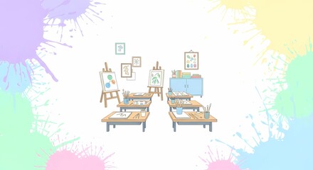 Art classroom setting with easels, tables, and paintings, vibrant splashes of color in the background